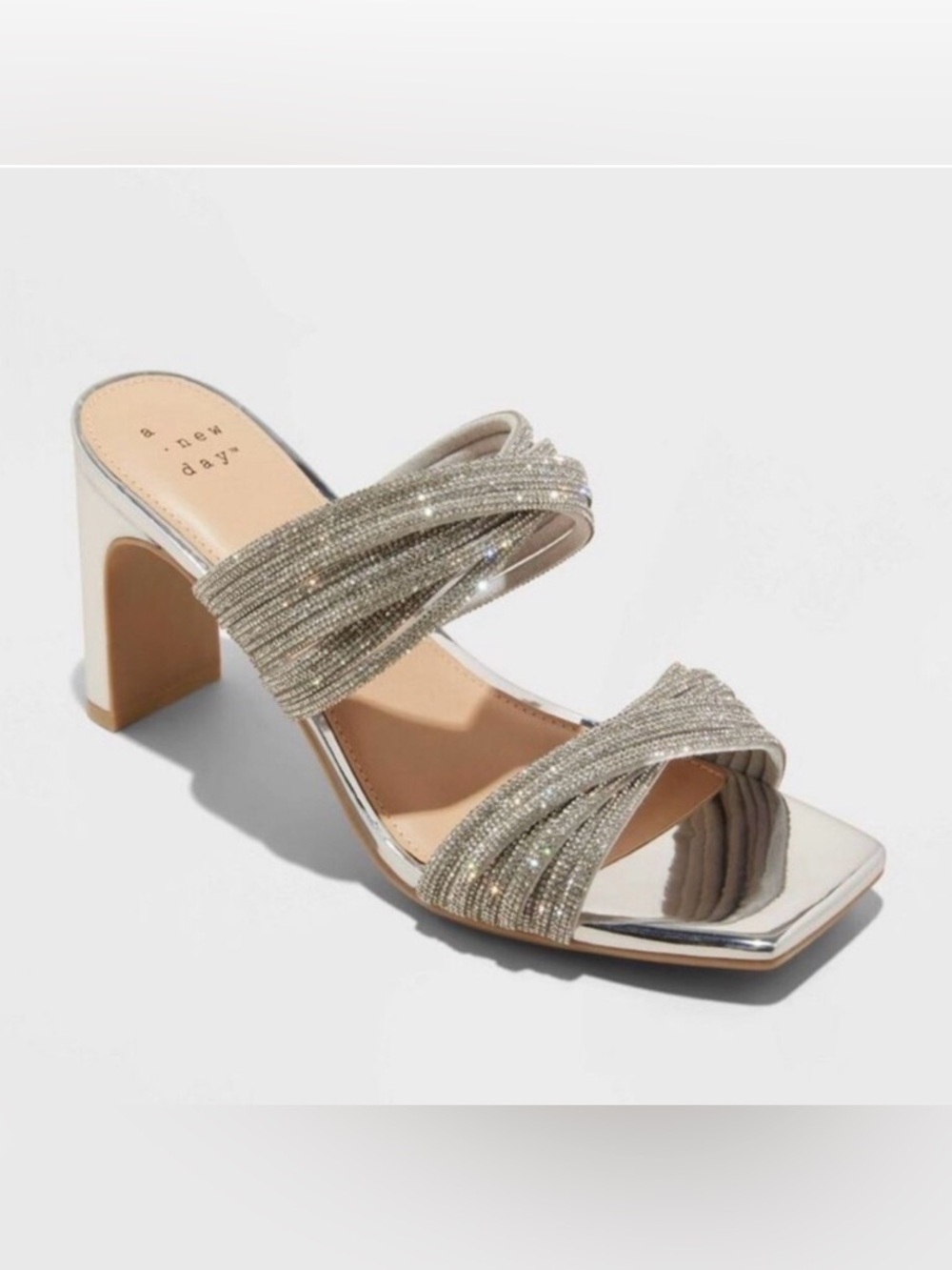 A New Day Rhinestone Silver open toe crossover Strippy  block Heels